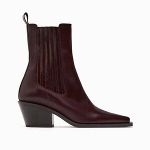 Zara ELASTIC LEATHER COWBOY HEELED ANKLE BOOTS